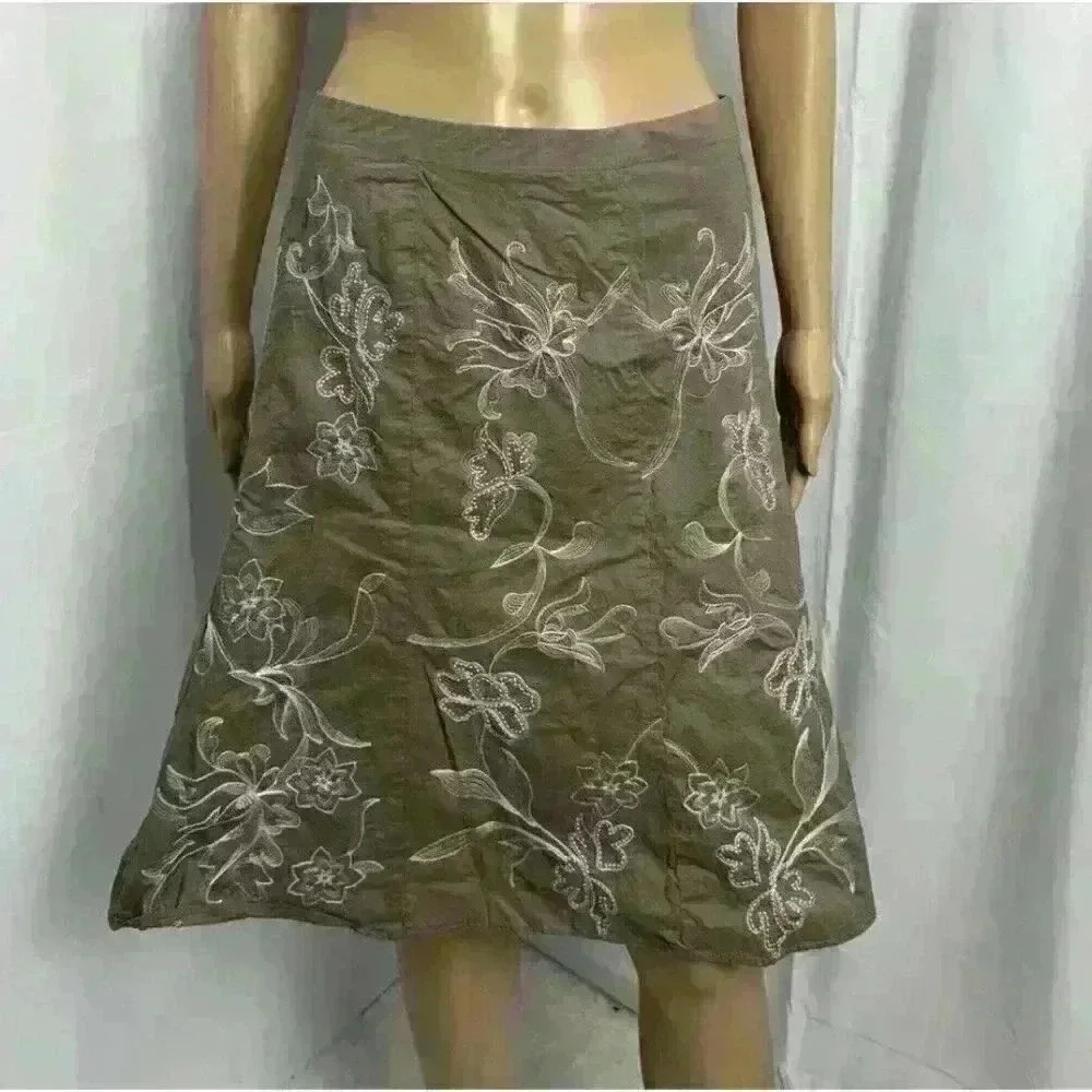 ANN TAYLOR 100% Cotton Skirt Tan Embroidered Cottagecore Prairie Lined EUC 4P